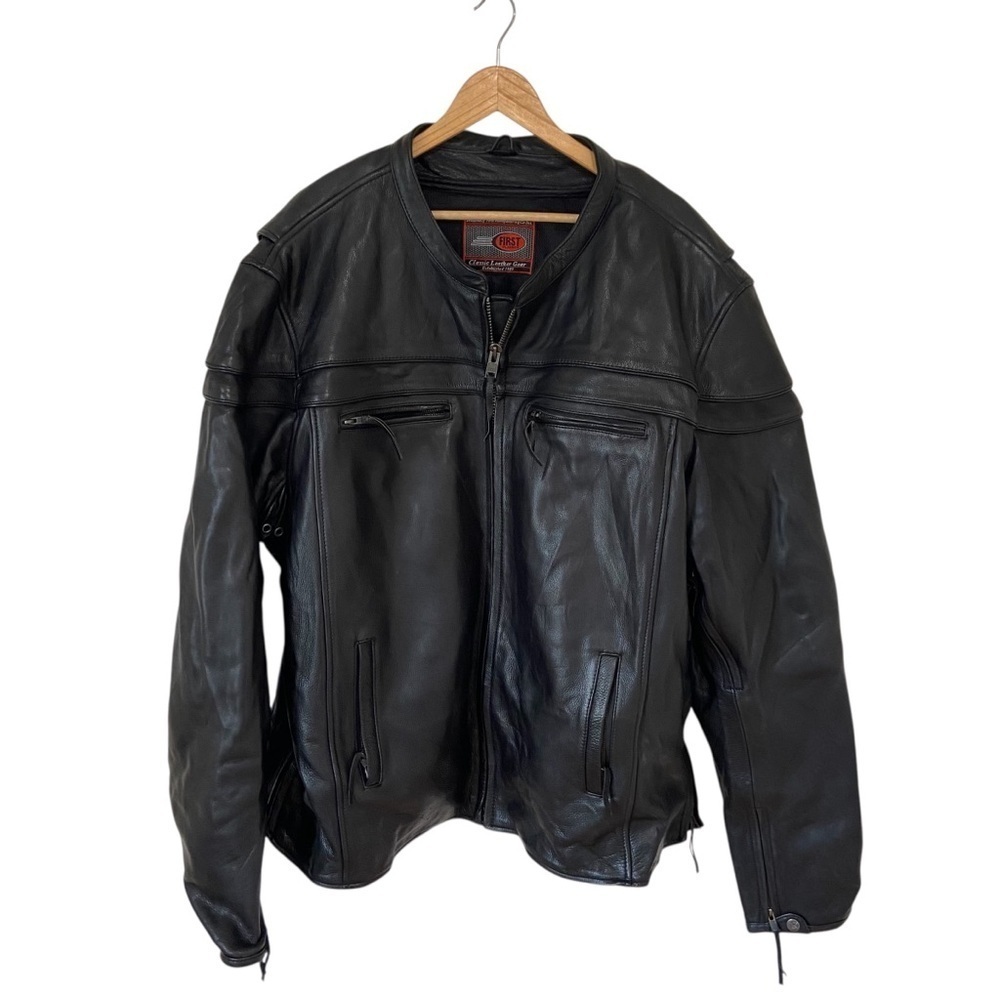 100% Leather First Classics Men’s Zip Up Motorcycle Biker Black Jacket Coat 5X